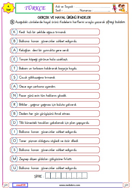 4. Sınıf Türkçe Gerçek ve Hayal Ürünü İfadeler Etkinliği 1